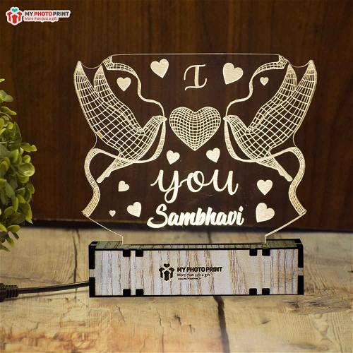 PERSONALIZED LOVE BIRDS ACRYLIC 3D ILLUSION LED LAMP WITH COLOR CHANGING LED AND REMOTE #1410