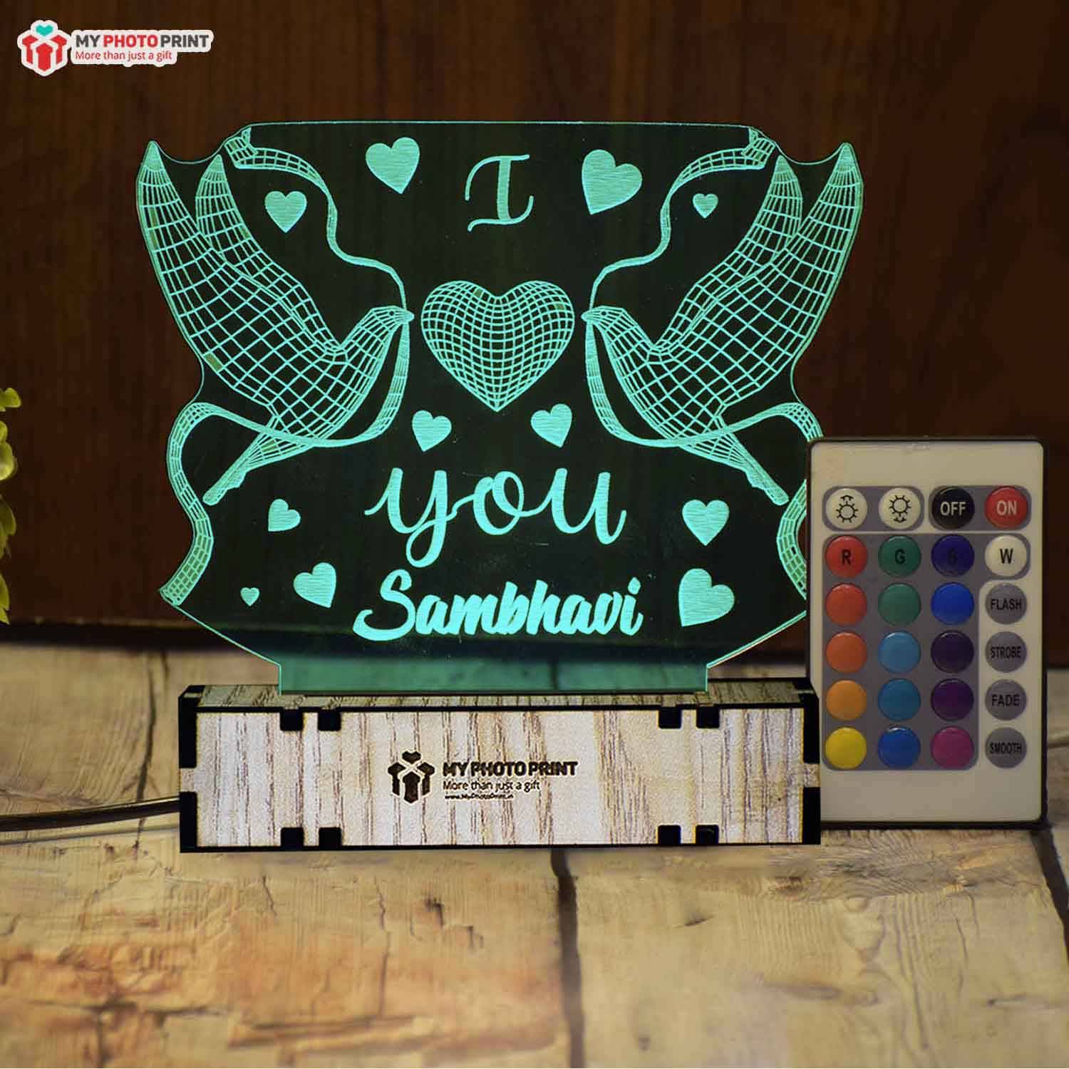 PERSONALIZED LOVE BIRDS ACRYLIC 3D ILLUSION LED LAMP WITH COLOR CHANGING LED AND REMOTE #1410