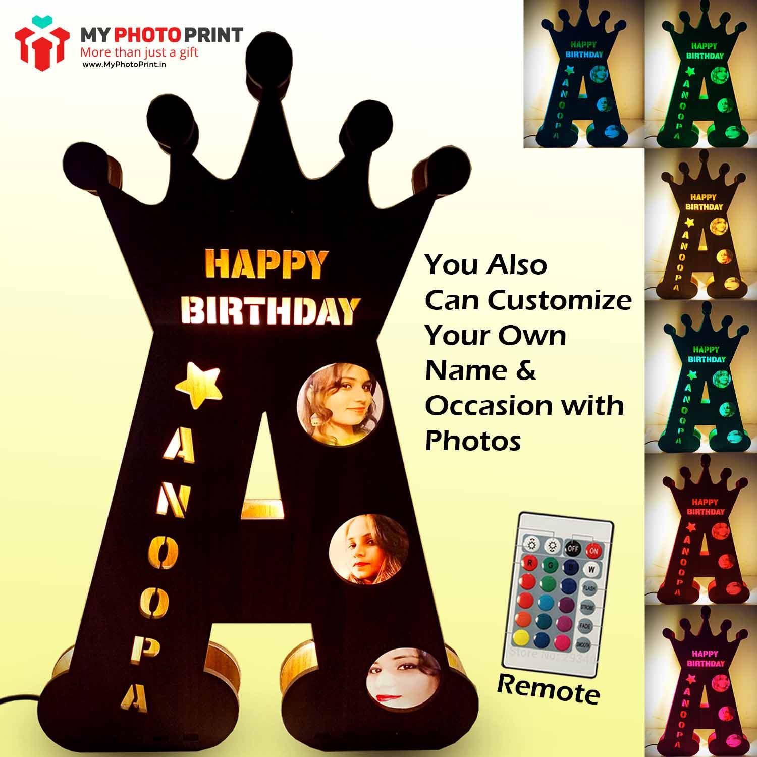 Customized A TO Z Alphabet Big Wooden Name Board With Three Photos Multicolor Led and Remote #976