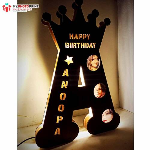 Customized A TO Z Alphabet Big Wooden Name Board With Three Photos Multicolor Led and Remote #976