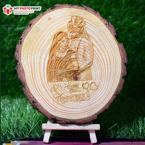 Customized Round Wooden Engraved With Couple Photo #2088