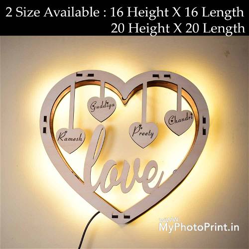 Customized Heart Family Wooden Wall Hanging With Led Light #2094