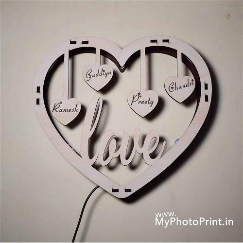 Customized Heart Family Wooden Wall Hanging With Led Light #2094