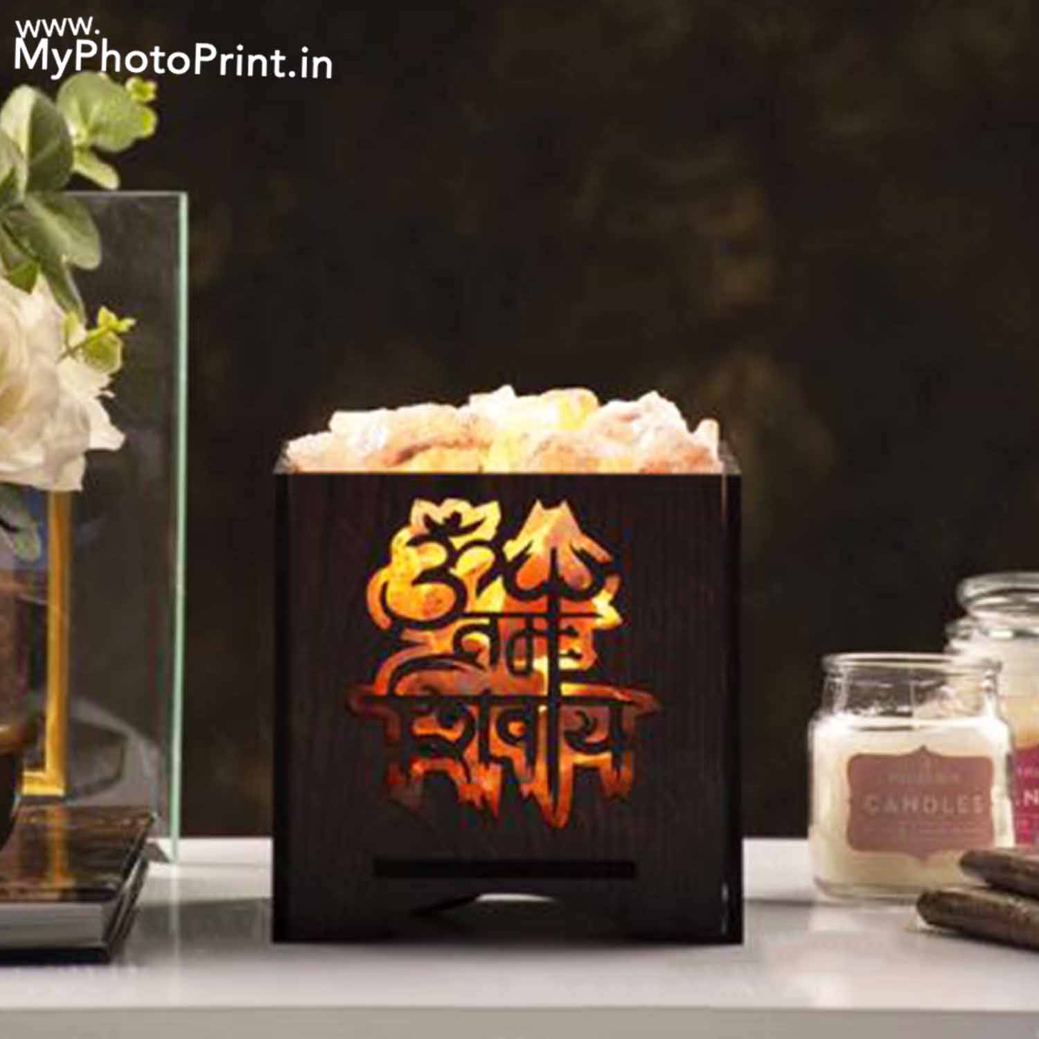 Om Namah Shivay Rectangle Plywood Himalayan Rock Salt Lamp Basket 