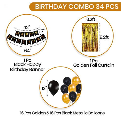 MyPhotoPrint Happy Birthday Decoration Items-Set Of 34Pcs Birthday Decorations Kit For Adults|Black And Gold Balloons For Birthday Decoration For Husband|Decorative Items For Birthday