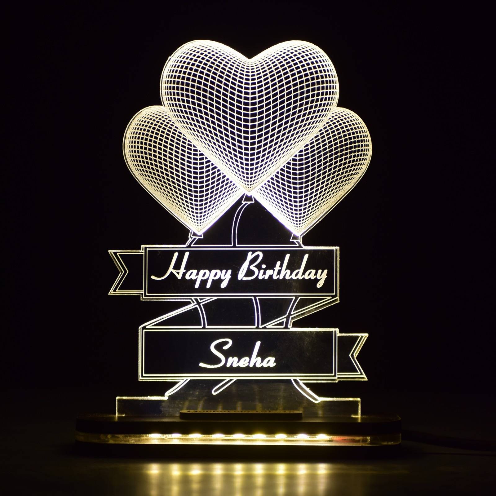 PERSONALIZED 3 HEART ACRYLIC 3D ILLUSION LED LAMP WITH COLOR CHANGING LED AND REMOTE#2008