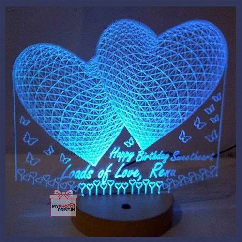 Personalized 2 Hearts Acrylic 3D illusion LED Lamp with Color Changing Led and Remote #2400