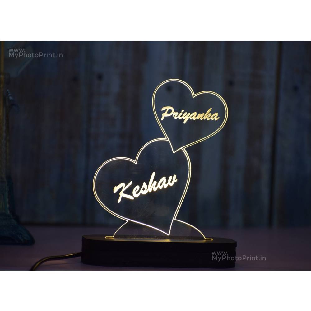 Personalized 2 Heart Acrylic 3D illusion LED Lamp with Color Changing Led and Remote#1487